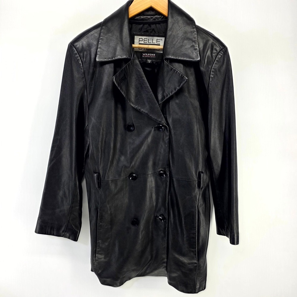 Pelle Studio Wilsons Leather Trench Coat Womens M Black Double Breasted Jacket
